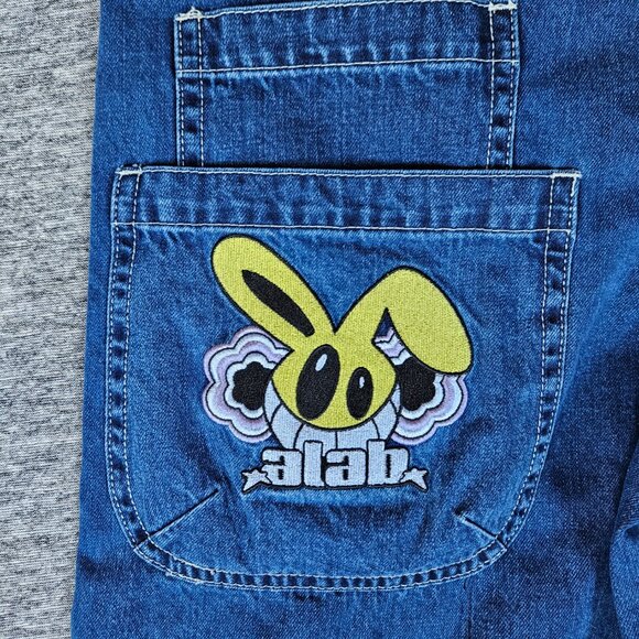 ALAB Blue Denim Shorts Men's 32 Baggy Embroidered Y2K Skater Rave Streetwear - Picture 3 of 12